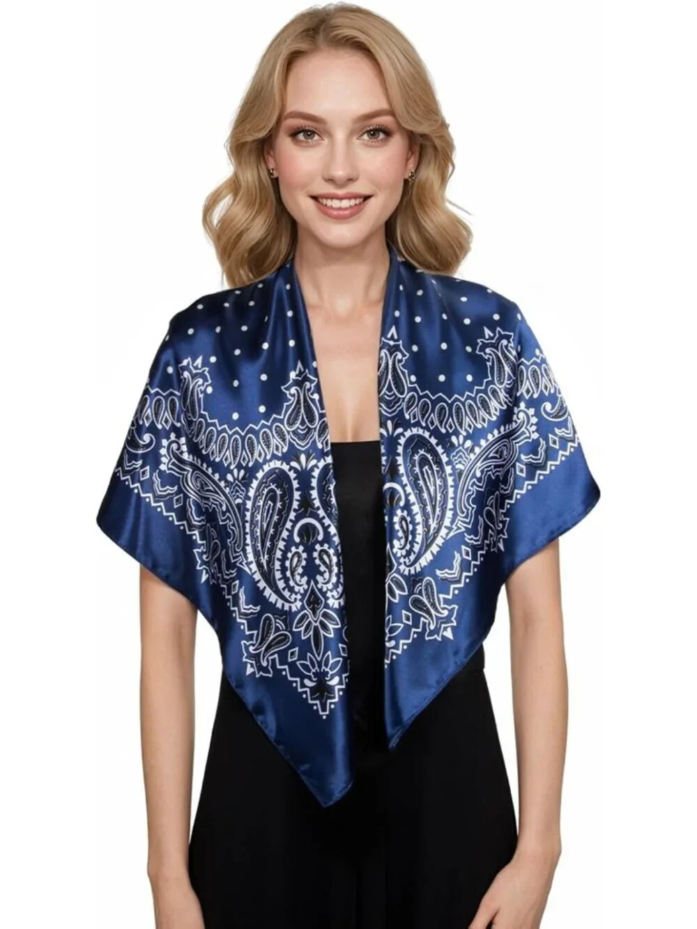 Women's Navy White Printed Square Scarf Bandanas Hair Scarf 35 Inches